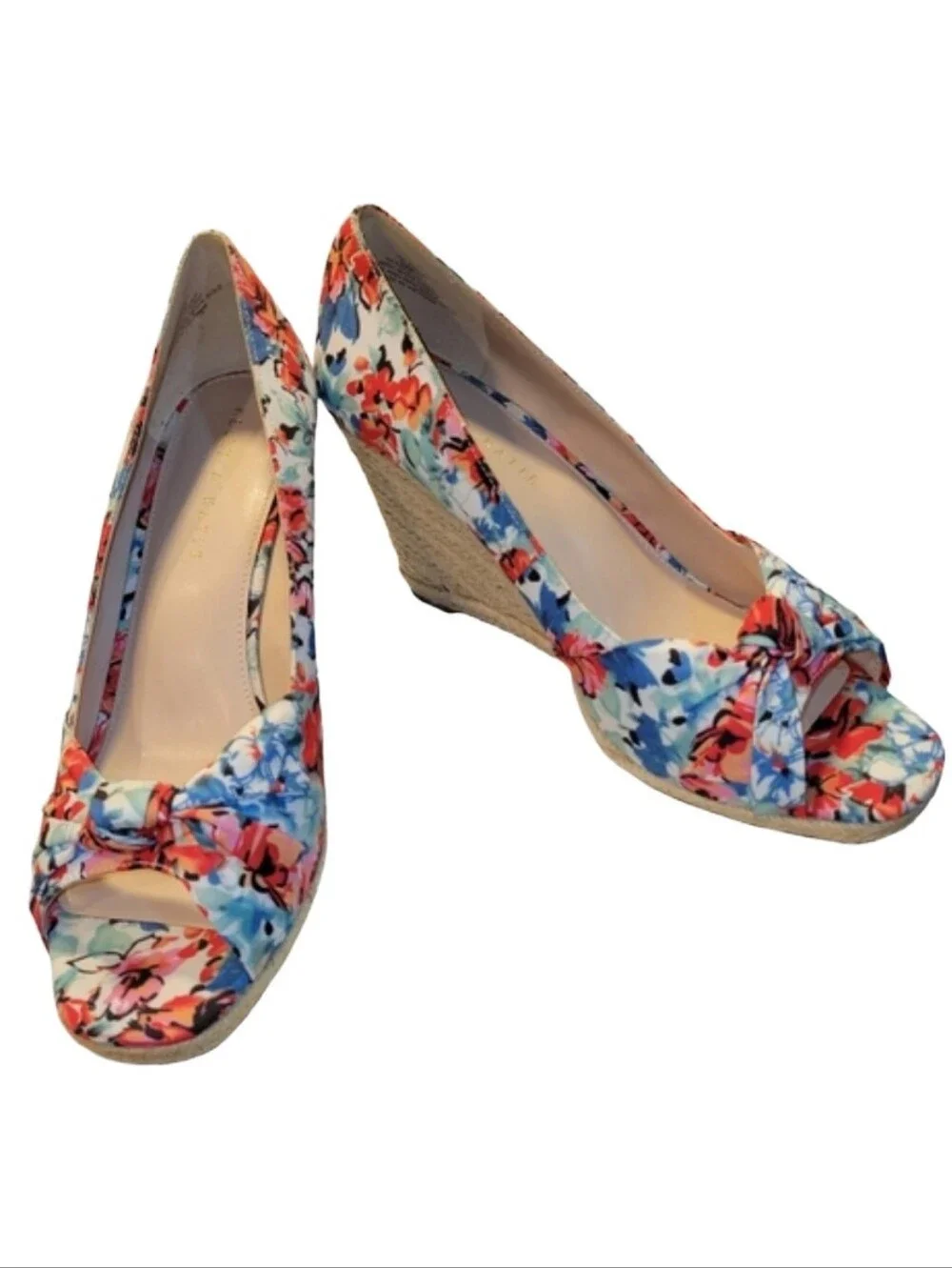 Kelly & Katie Ivala Floral Wedge Espadrille Sandal Red Blue Peep Toe Size 10
